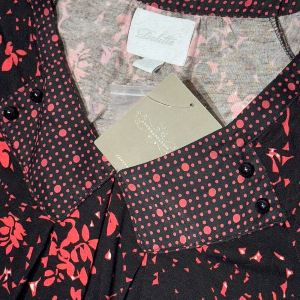 Anthropologie Deletta Black Pink Short Sleeve Size L NWT - Picture 2 of 8